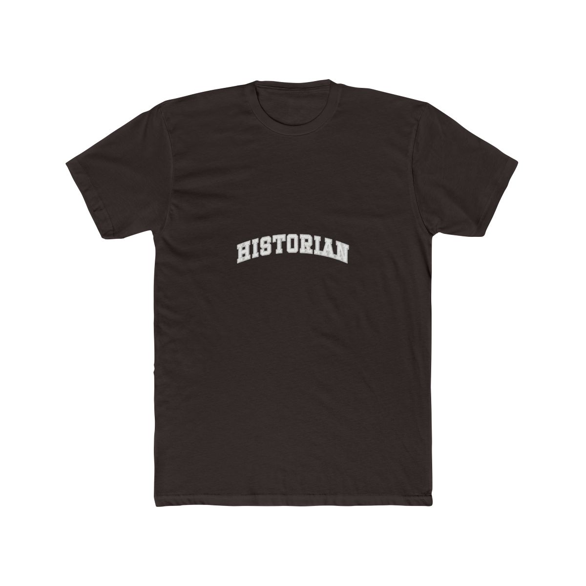 A crimson red T Shirt with the word "HISTORIAN" printed in white on the front. The shirt has a vintage, distressed look