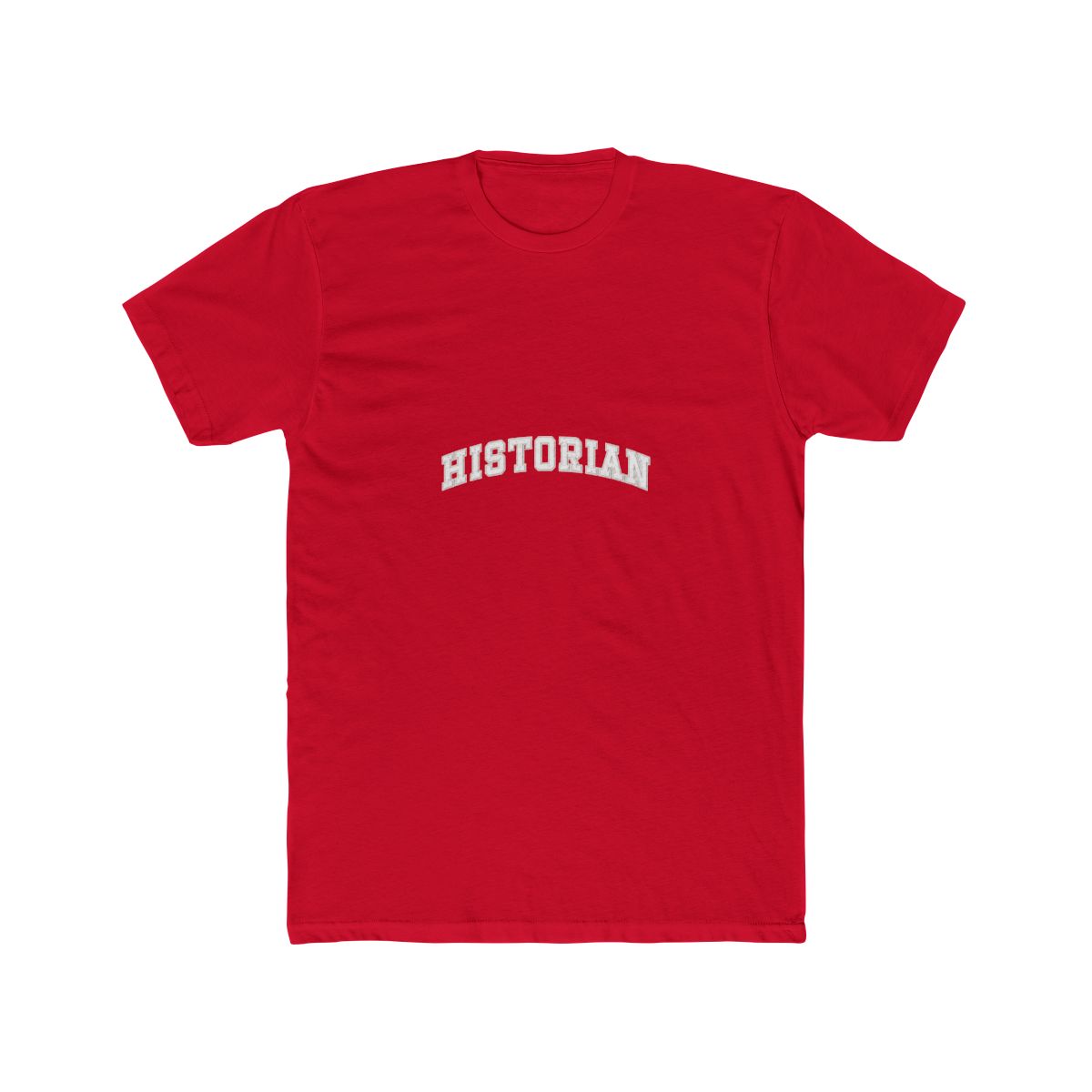 A crimson red T Shirt with the word "HISTORIAN" printed in white on the front. The shirt has a vintage, distressed look - alternate angle 3, merchandise